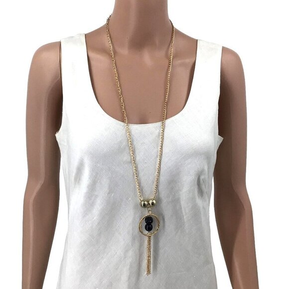 Long Tassel Necklace Black Beaded Accents Layering 34 Inch Length Gold Tone - Picture 1 of 3